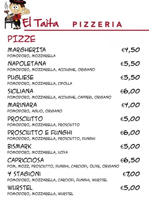 MENU TAITA PIZZERIA